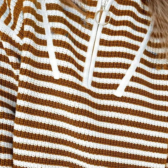 Khaki Cute Women's Boho Cotton Drop Shoulder Oversized Zip Up Pullover Sweater - Picture 2 of 3